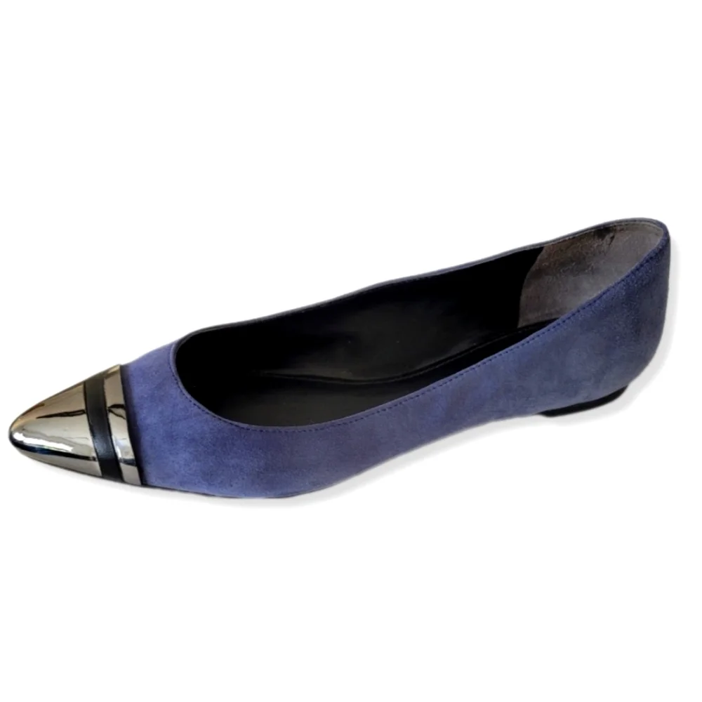 Enzo Angiolini Shoes Eacaulin Blue Suede Metallic Pointed Toe Flats Size…